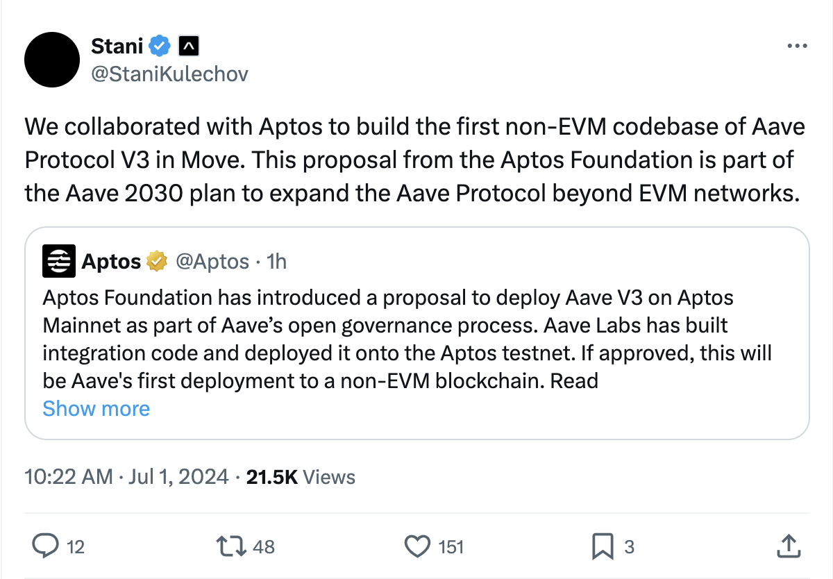 Aptos tìm kiếm sự hỗ trợ của cộng đồng Aave cho việc tích hợp Non-EVM
