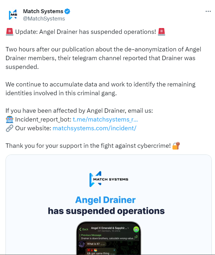 Bản tin: Thông báo về việc Angel Drainer đóng cửa sau khi nhà phát triển có thể đã bị nhận dạng.