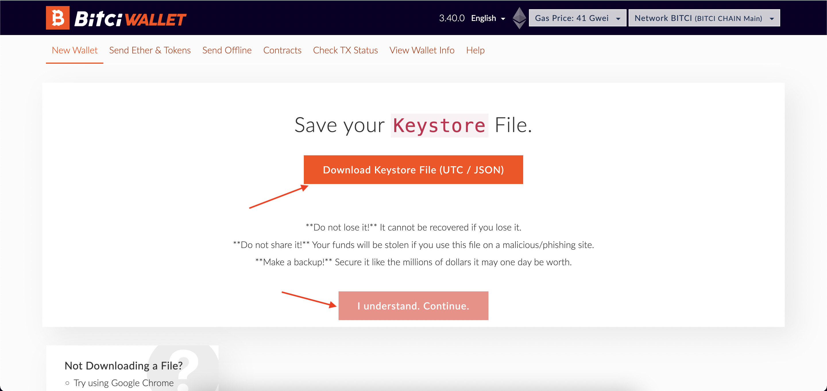 Chọn Download Keystore File (UTC / JSON), sau đó chọn 