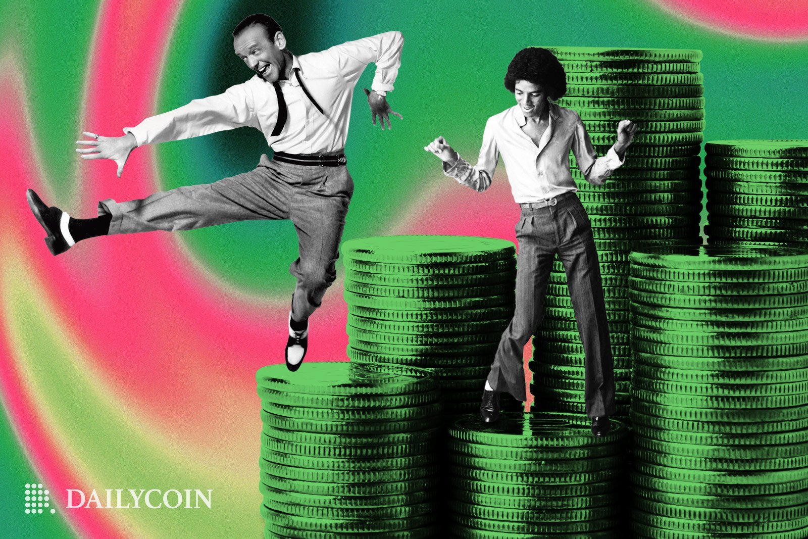 Hai người đang nhảy trên một đống tiền màu xanh.