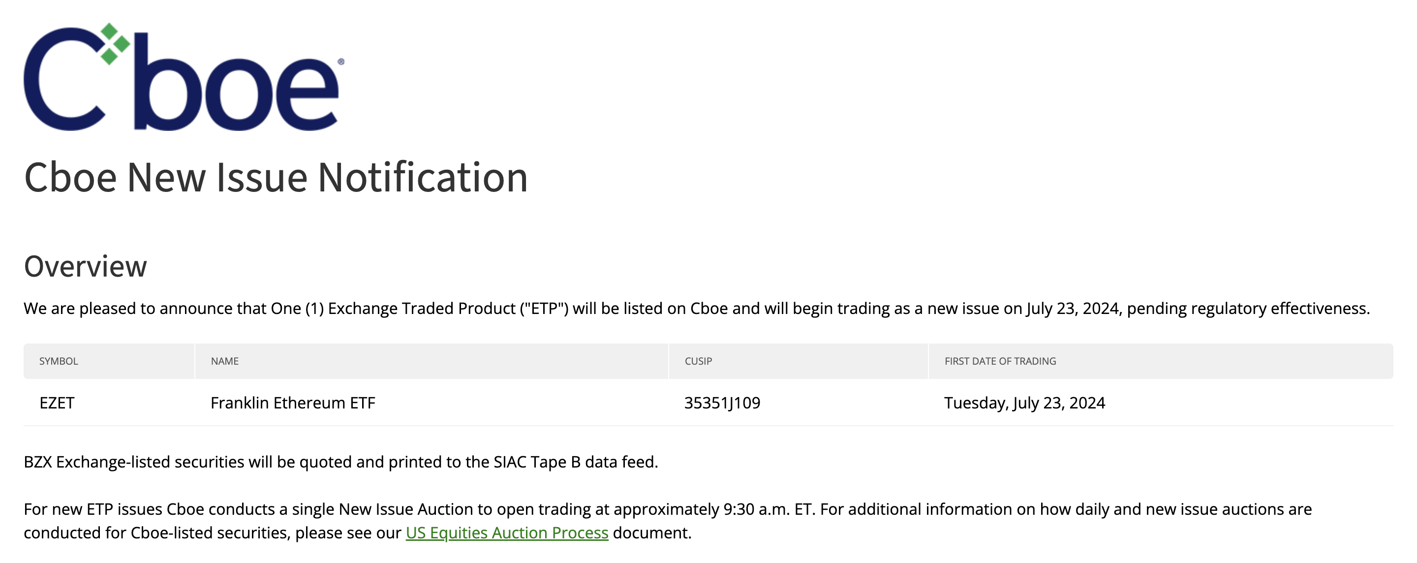 CBOE gives official launch date for spot Ethereum ETF