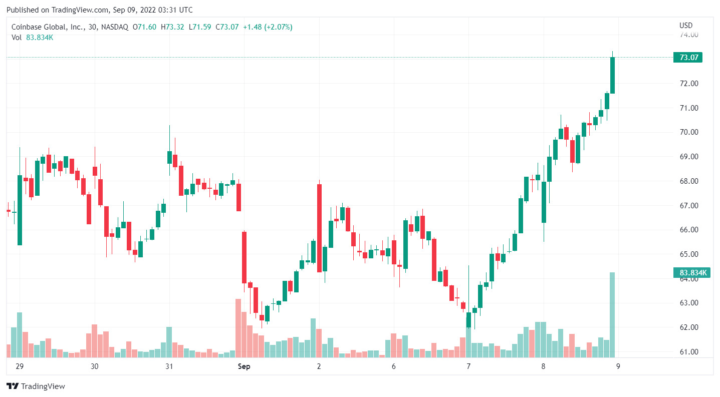 Biểu đồ 1H giá COIN/USD. Nguồn: TradingView