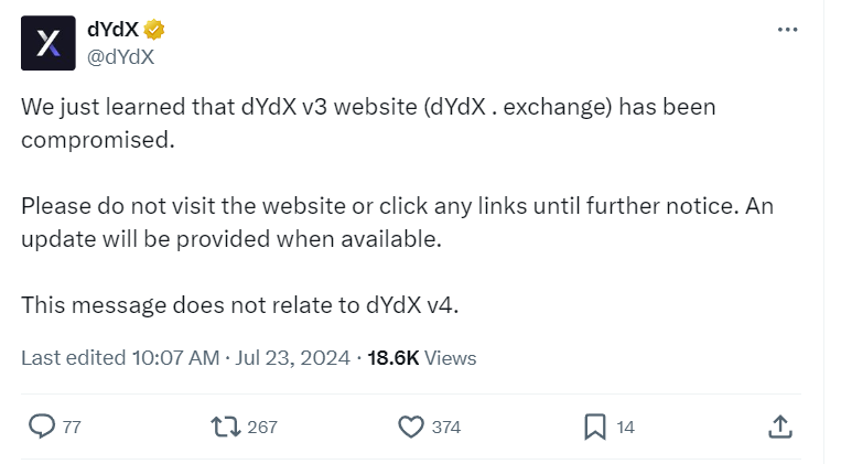 Dịch: Dydx V3 bị tấn công DNS trong một cuộc tấn công rõ ràng.