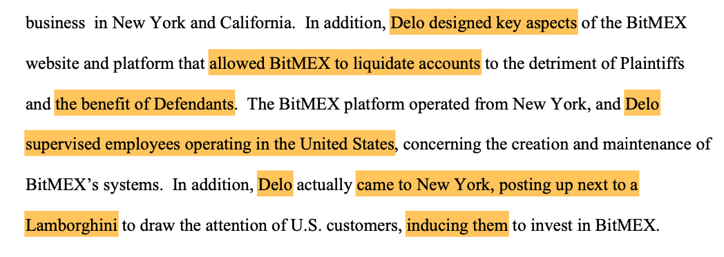 Đoạn trích nổi bật từ quyết định của Thẩm phán Carter cho biết Delo đã sử dụng một chiếc Lamborghini để quảng cáo BitMEX tại New York. Nguồn: PACER