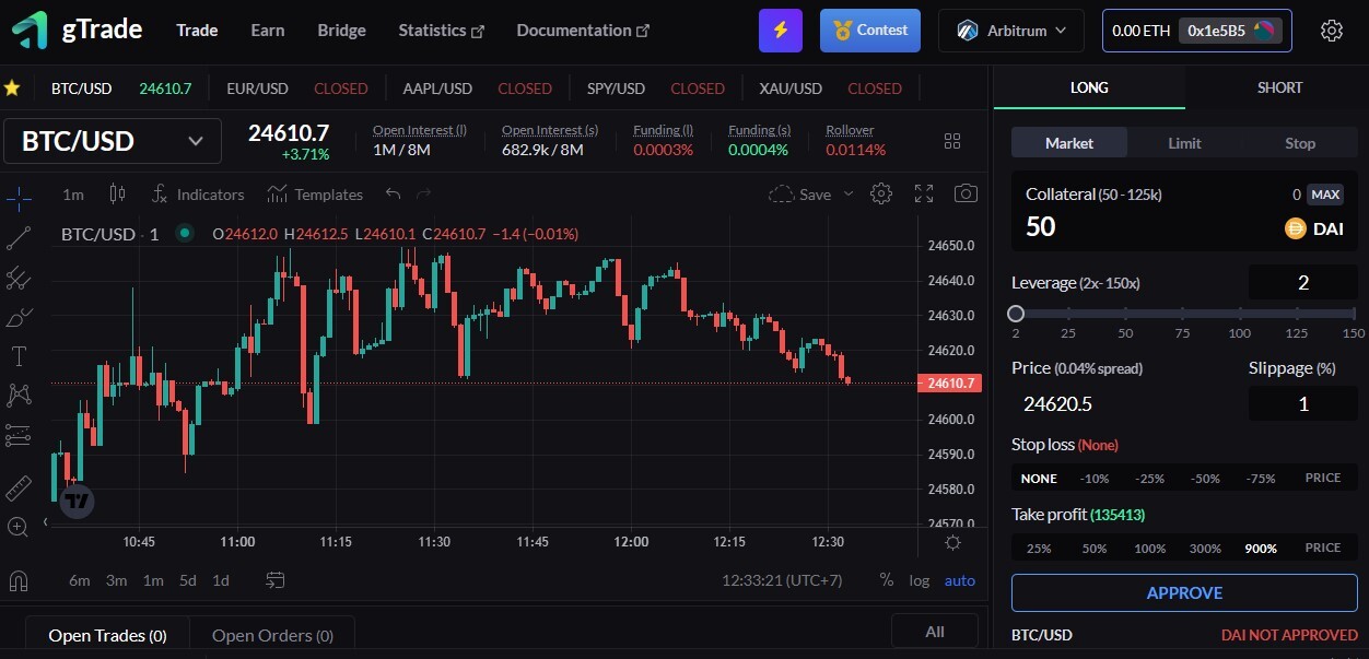 Giao diện trading của Gains Network
