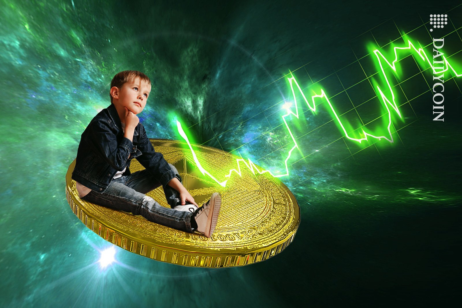 Bé trai ngồi trên một đồng ETH trên không gian, quan sát biểu đồ giá xanh tăng lên.