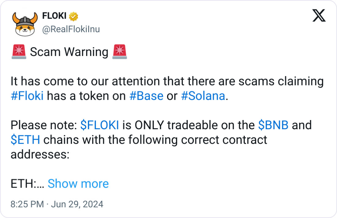 Floki Inu cảnh báo về các token giả mạo trên Solana và Base Blockchains