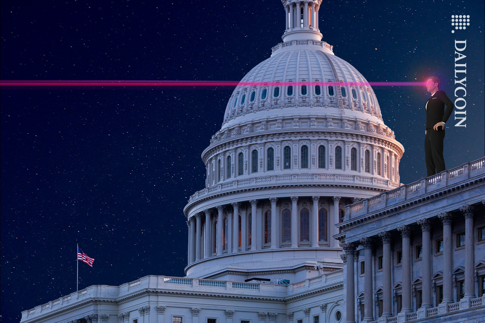 Người đàn ông mặc áo đen đứng trên đỉnh tòa nhà Capitol chiếu tia laser màu đỏ từ mắt của mình.