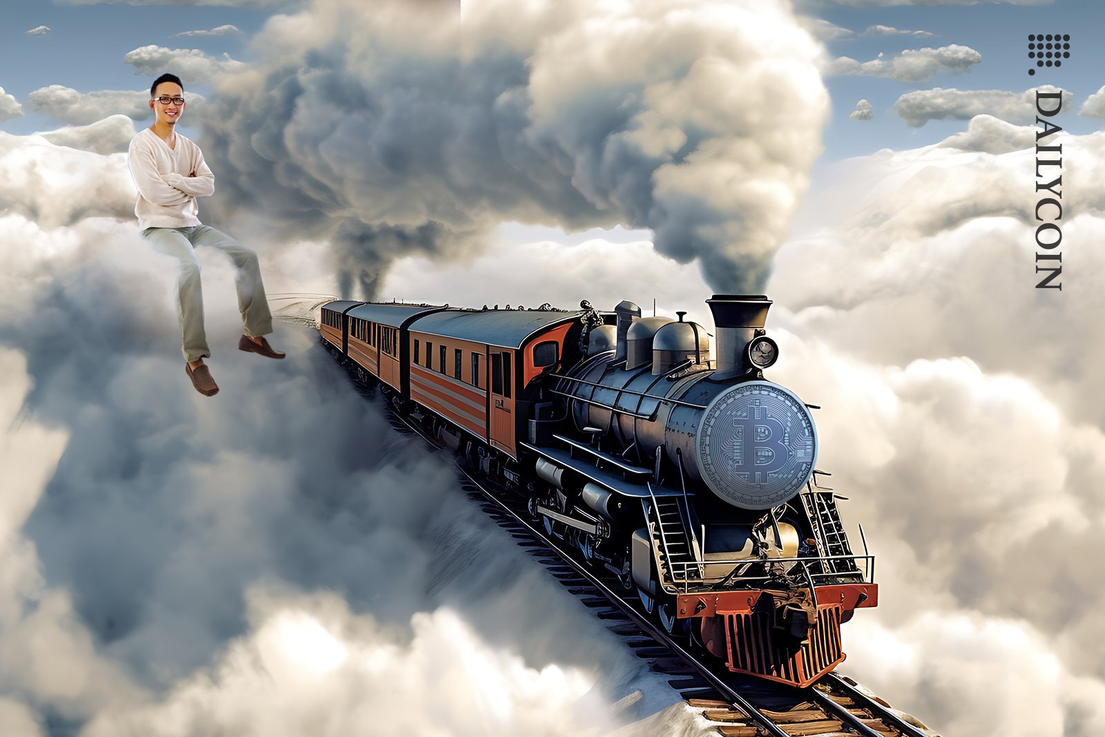 Guy sitting on the cloud watching the Bitcoin steam train riding in the sky.