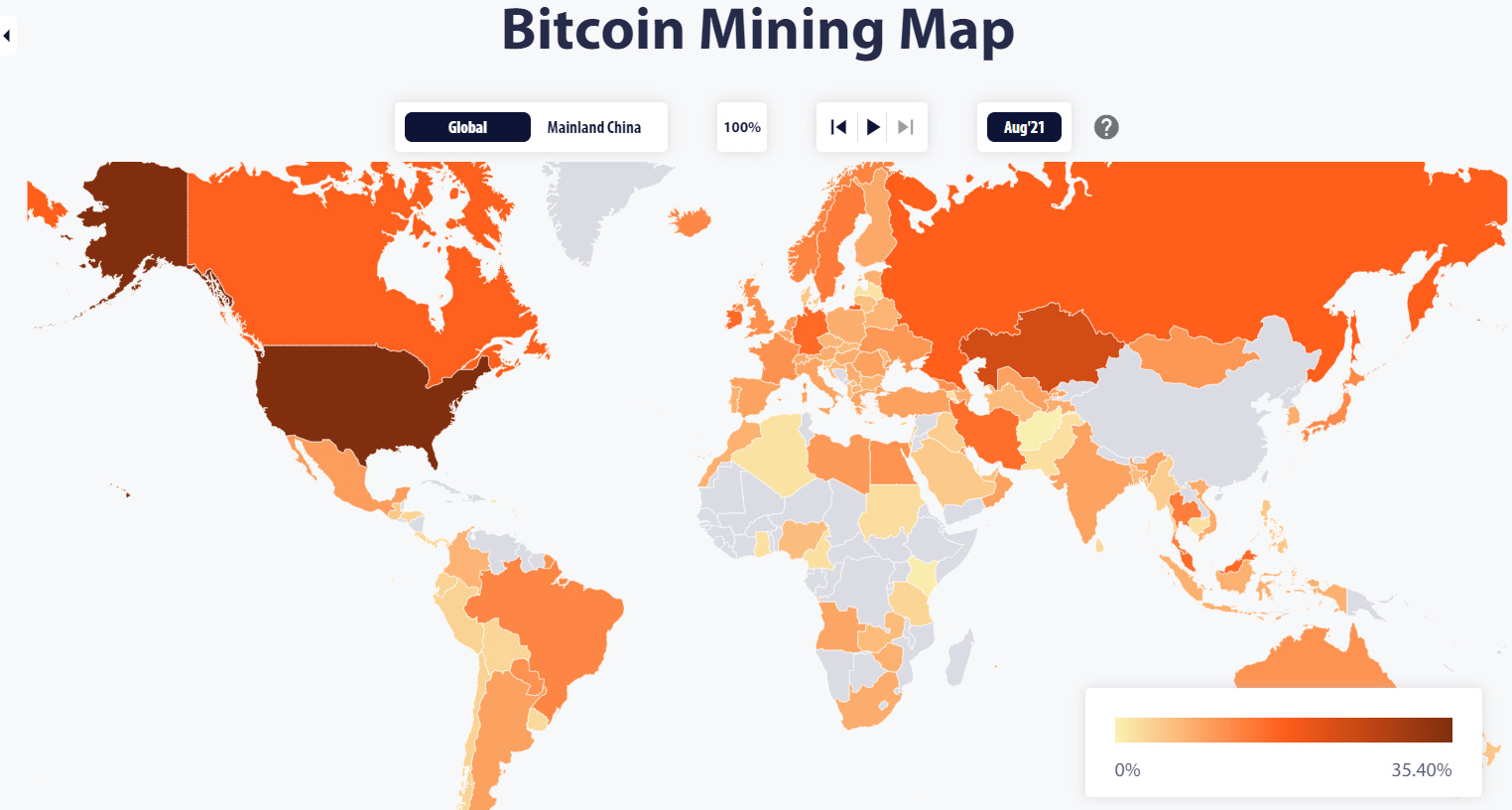 Bản đồ hashrate Bitcoin tính đến tháng 8 năm 2021. Nguồn: CCAF