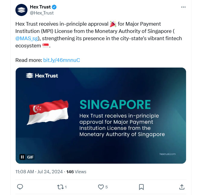 Hex Trust nhận giấy chứng nhận ban đầu cho giấy phép tổ chức thanh toán tại Singapore