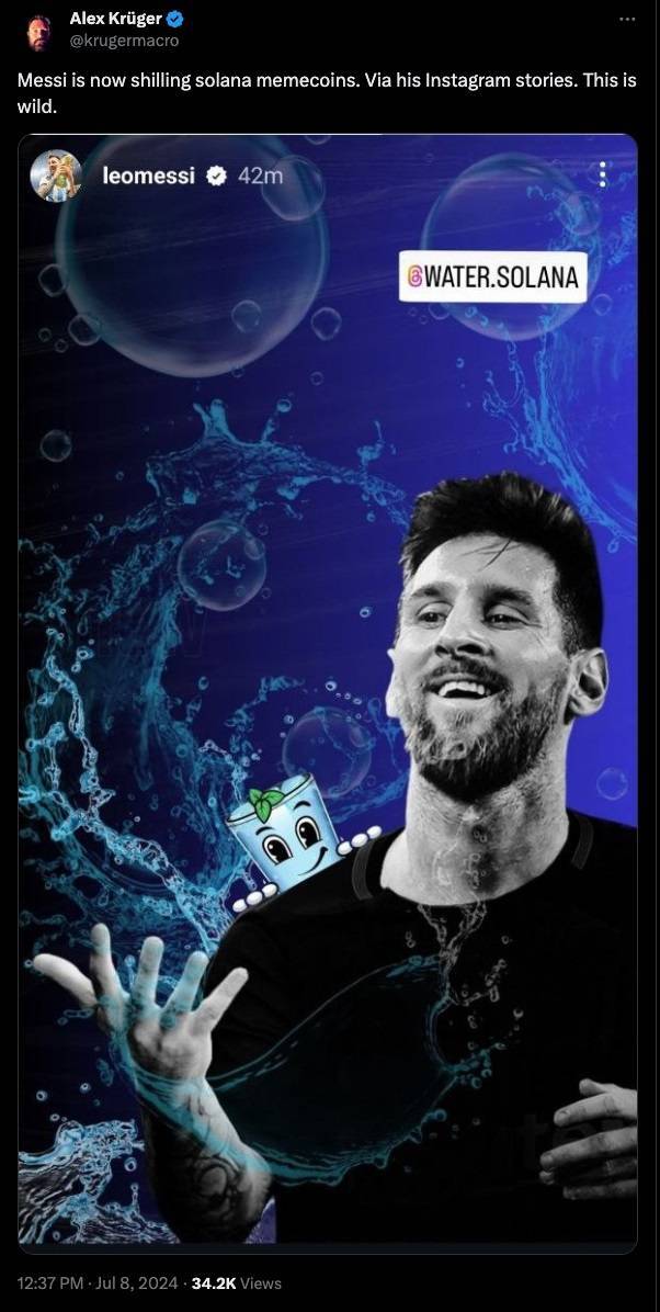 Huyền Thoại Bóng Đá Messi Bất Ngờ shill Memecoin Water