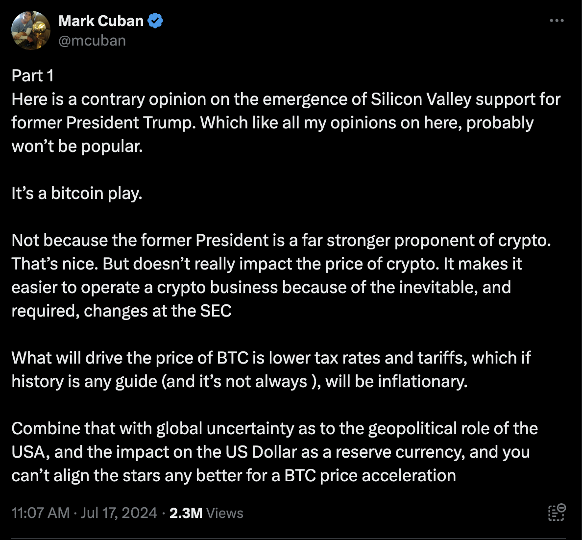 Mark Cuban phán đoán rằng Bitcoin có thể trở thành tài sản dự trữ toàn cầu