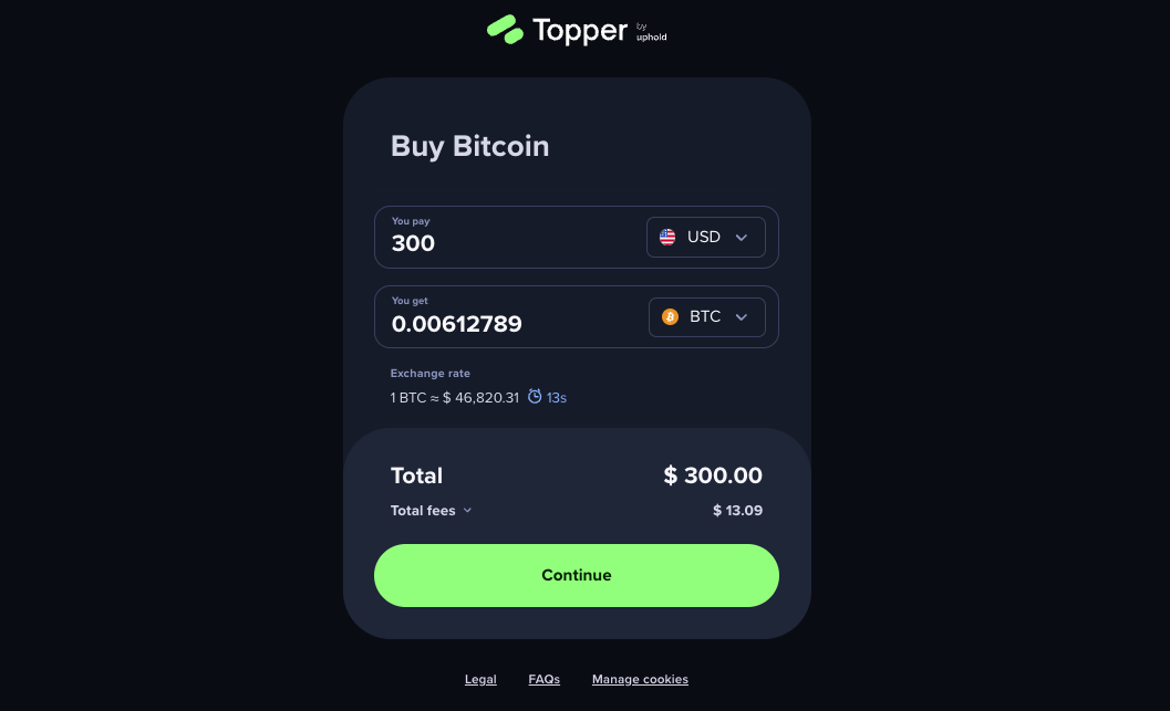 Trang web của Topper có một widget thân thiện với người dùng, nơi người dùng có thể mua hơn 200 loại tiền điện tử bằng nhiều loại tiền tệ khác nhau. Nguồn: Topper