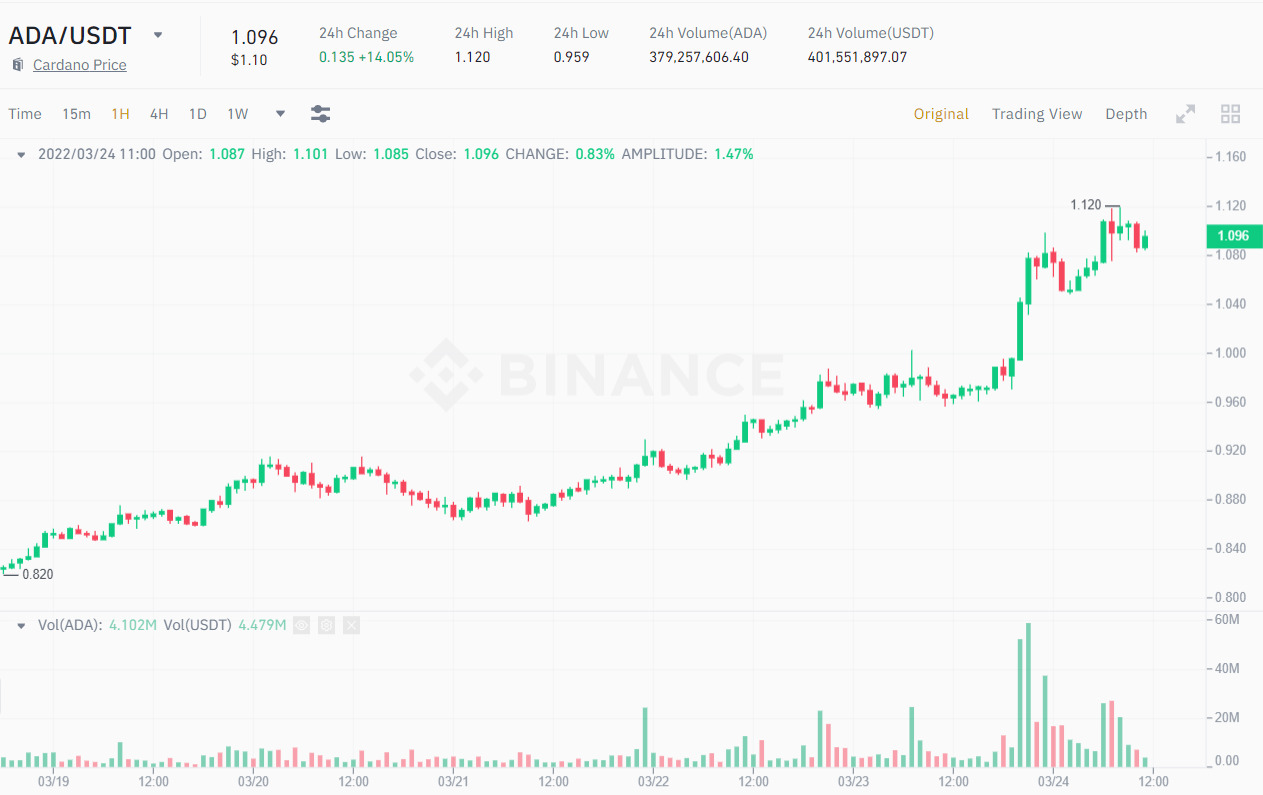 Biểu đồ 1H giá ADA/USDT. Nguồn: Binance