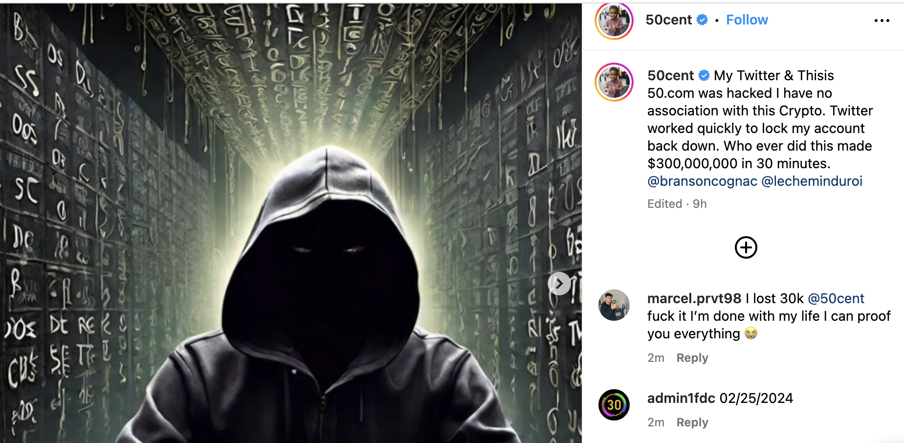 Rapper 50 Cent cho biết tài khoản X đã bị hack để quảng cáo Celeb Memecoin