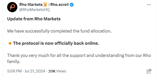 Rho Markets trở lại trực tuyến không mất quỹ sau vấn đề Oracle kéo dài 8 tháng