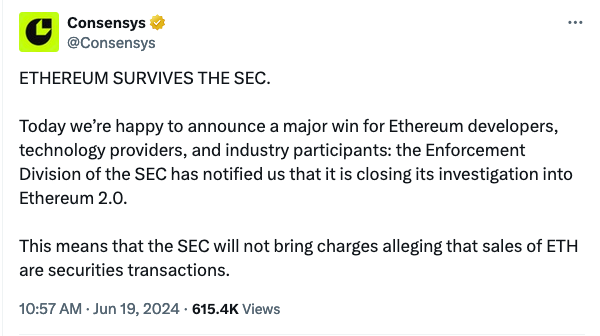 SEC sẽ ngưng điều tra về Ethereum và Consensys