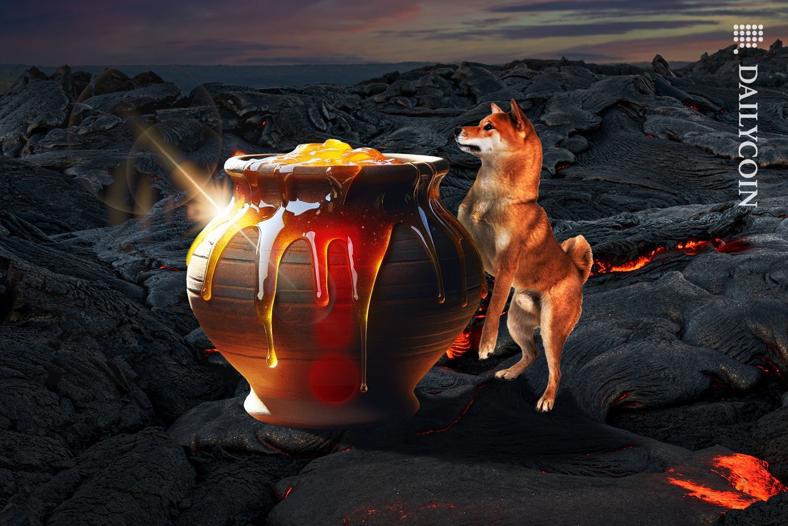 Shiba inu standing on two paws, cautiosly checking out a huge pot of honey.