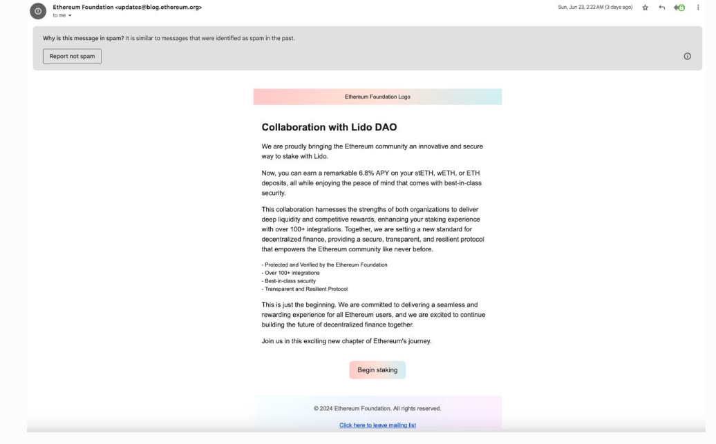 Tài khoản Email của Ethereum Foundation bị hack để quảng cáo lừa đảo staking của Lido