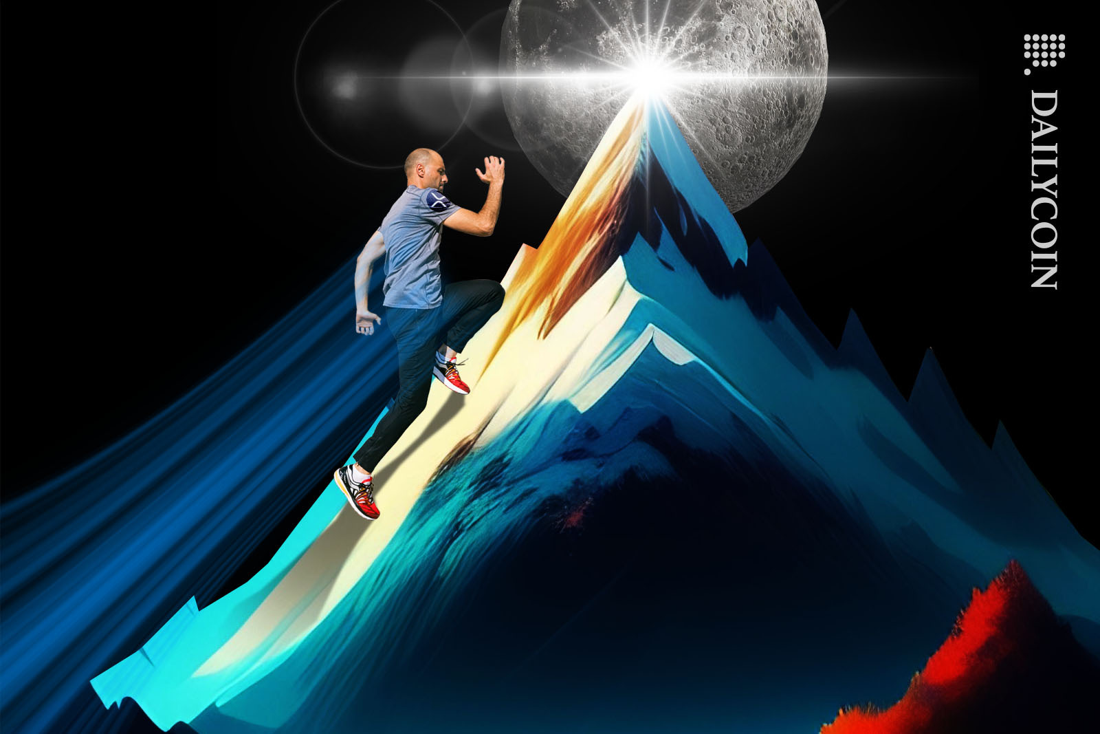 Một người nam thể thao chạy lên núi về phía mặt trăng với tốc độ nhanh chóng